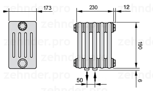 Схема (чертеж) Радиатор Zehnder Charleston 5019/5 №5410 Белый глянцевый RAL 9016